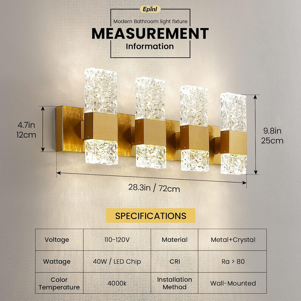 Epinl Gold Bathroom Vanity Light Fixtures - Brushed Gold Vanity Light Bathroom Lighting Fixtures Over Mirror 40W Dimmable Crystal Wall Sconces 4 Light LED Modern Bathrooms Lights 4000K
