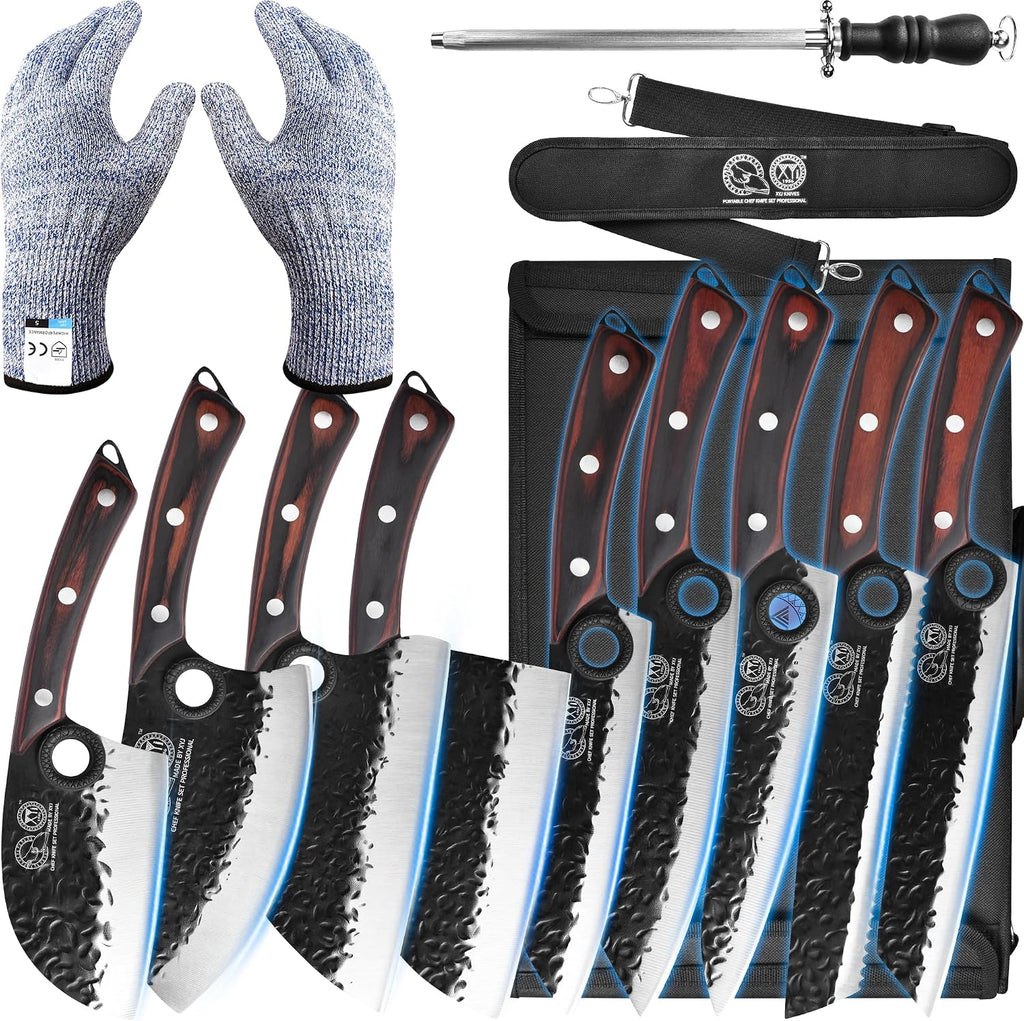 XYJ Professional Serbian Chef Knife Set with Roll Bag, Japanese Culinary Knives, Meat Cleaver, Kitchen Chopping Knife, and Protective Sleeves, Perfect for Home Cooking or Outdoor Camping (13)