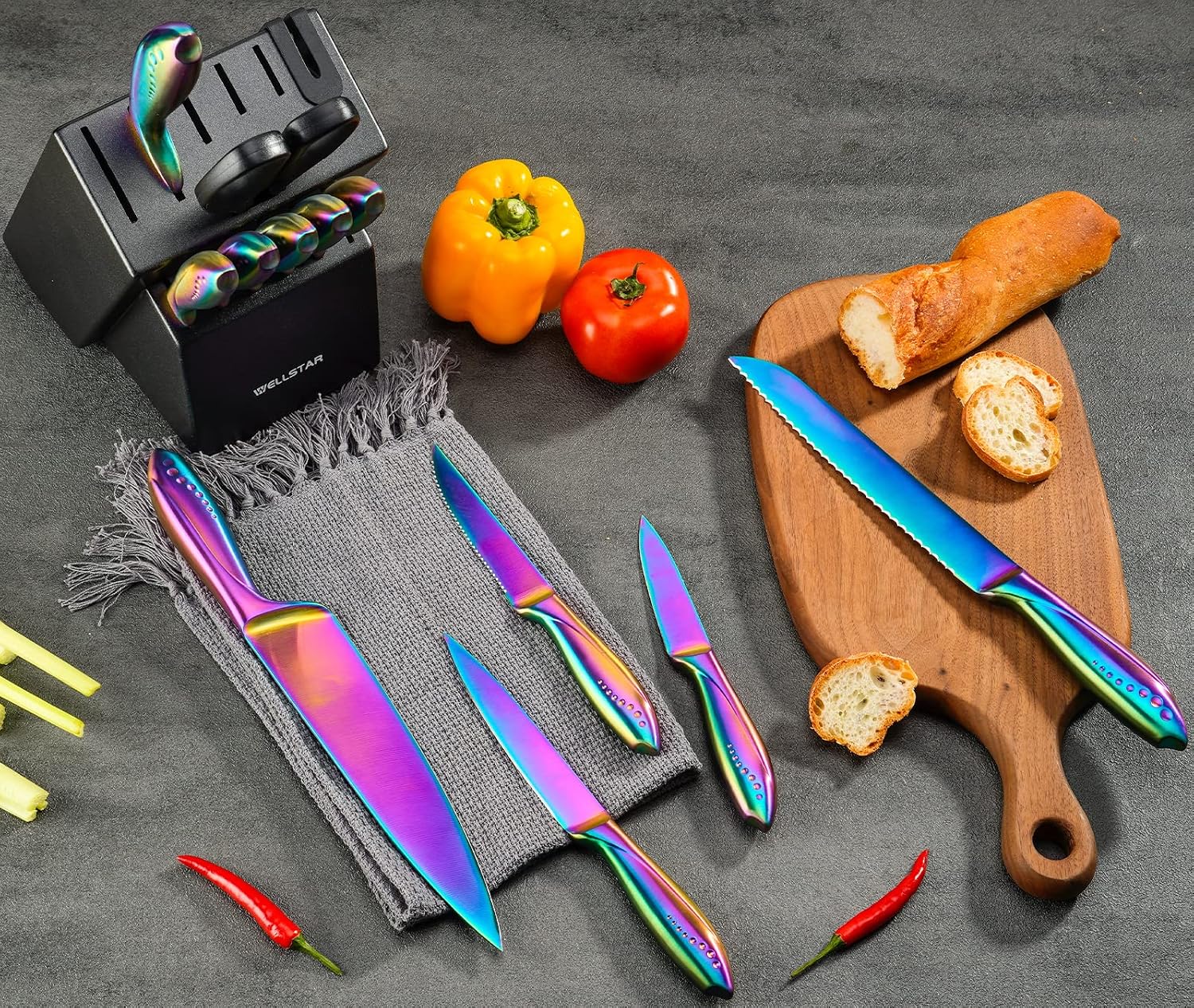 WELLSTAR Rainbow Knife Set 14 Pieces, Iridescent German Stainless Steel Kitchen Knives Set with Wooden Block, Colorful Titanium Coating, Chef's Knife Block Set with Scissors and Built-in Sharpener