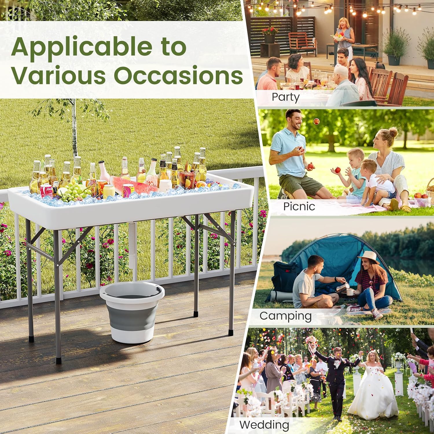 KOTEK Folding Ice Cooler Table, 4 FT Portable Ice Table with Drain, Matching Skirt & Foldable Bucket, Buffet Beverage Server for Party, Picnic, Camping
