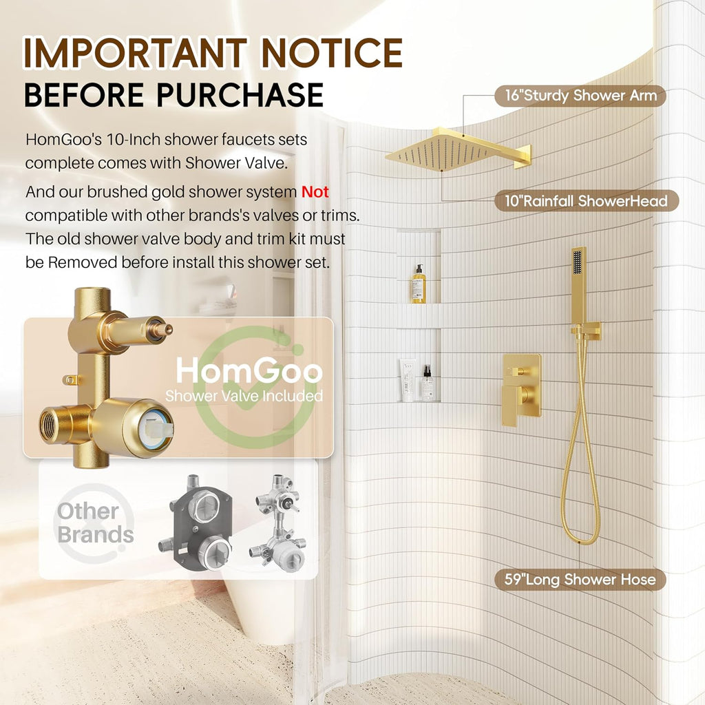 Gold Shower System, Shower Faucet Set with 10' Rain Showerhead and Handheld Combo Spray, Bathroom Wall Mounted High Pressure Shower Combo Set Included Valve and Trim, Brushed Gold