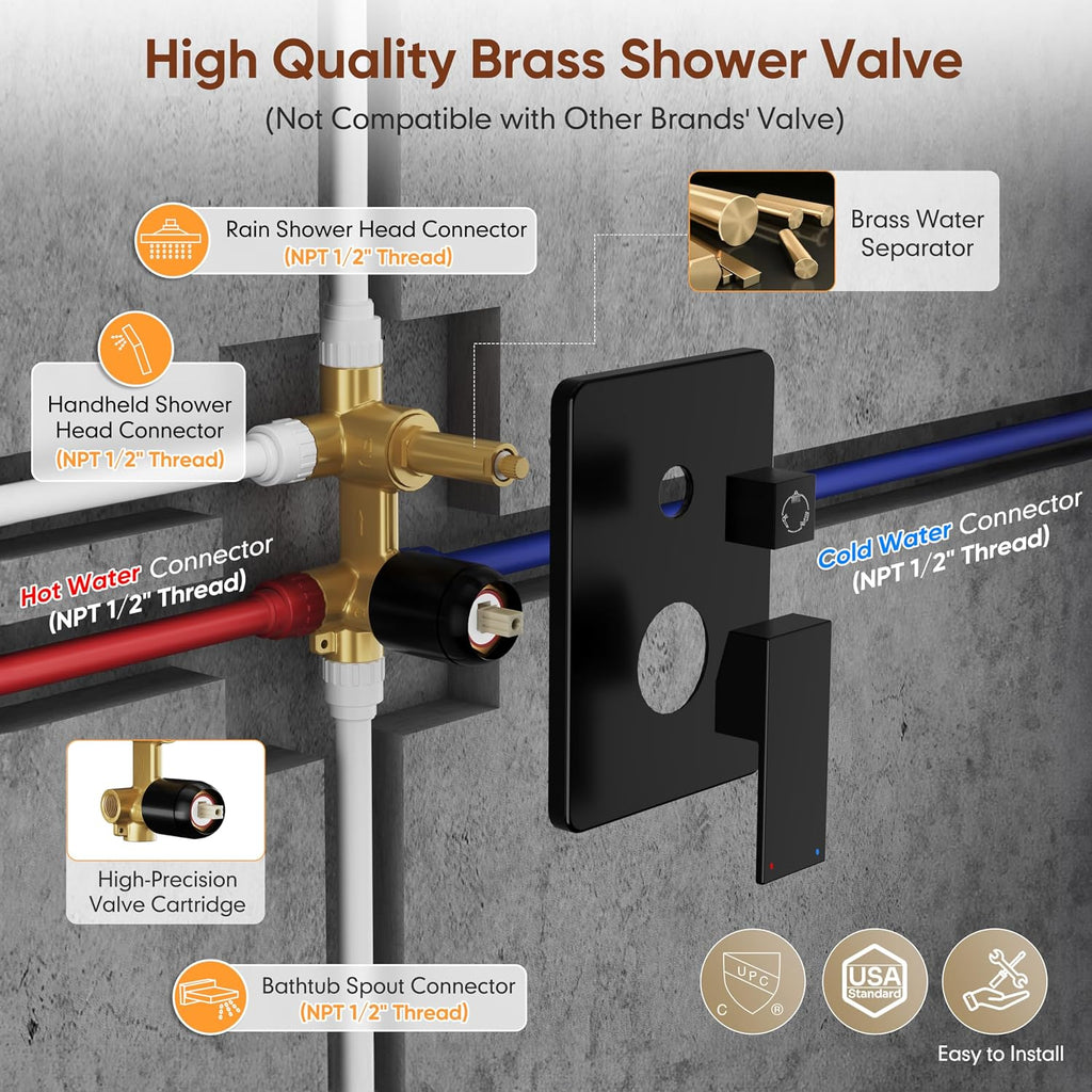 Kurpot Shower System with Tub Spout, All Metal Matte Black Shower Faucet Set with Valve, 10'' Rain Shower Head with Handheld Spray, 59'' Shower Hose and Diverter, Wall Mounted Bath Tub Faucet Set