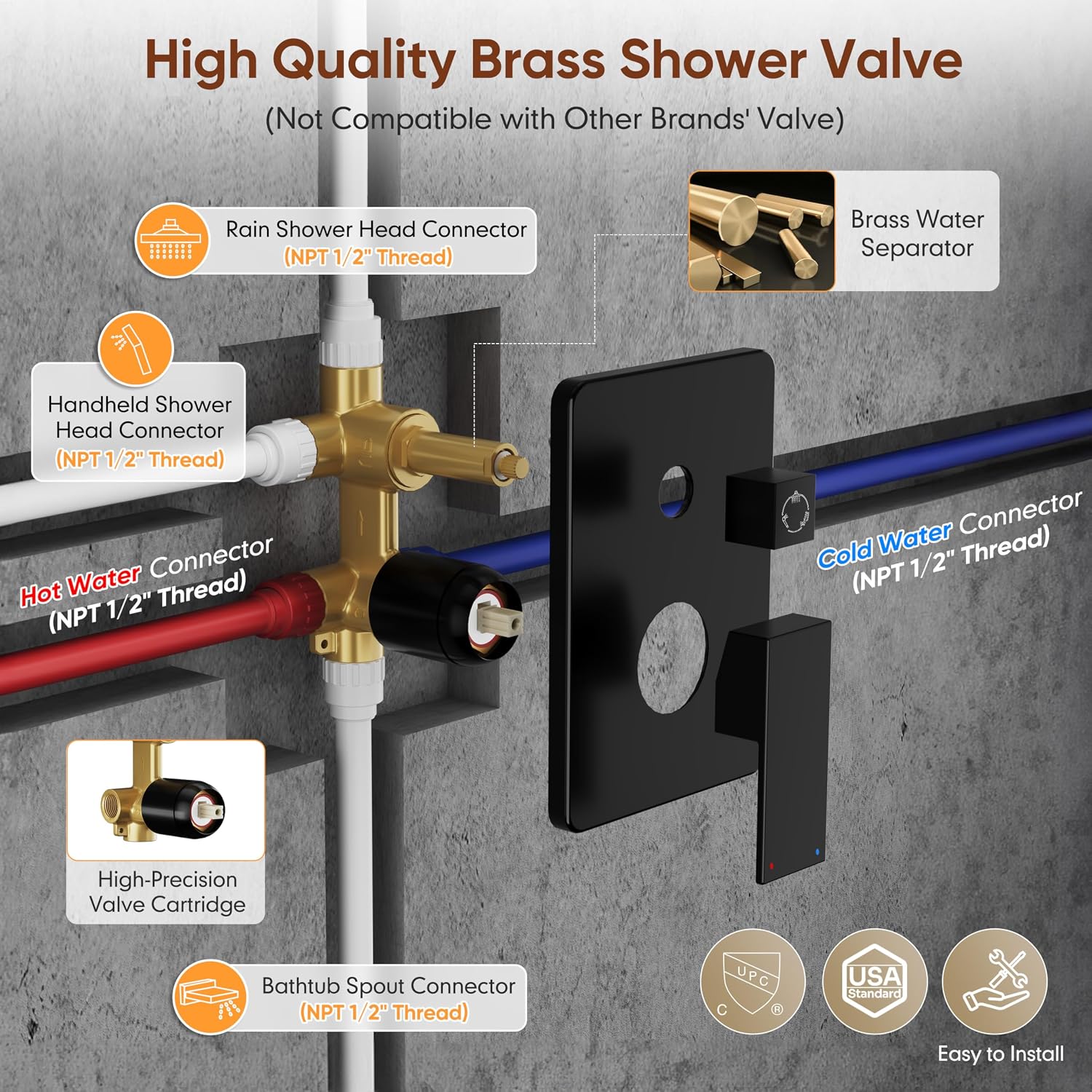 Kurpot Shower System with Tub Spout, All Metal Matte Black Shower Faucet Set with Valve, 10'' Rain Shower Head with Handheld Spray, 59'' Shower Hose and Diverter, Wall Mounted Bath Tub Faucet Set