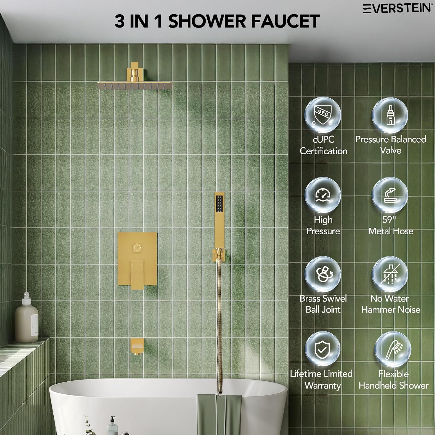 Shower Tub Faucet Set, 10' Bathroom Rainfall Shower Head Fixtures Combo with Handheld Spray and Tub Spout, Brushed Gold (Valve Included)