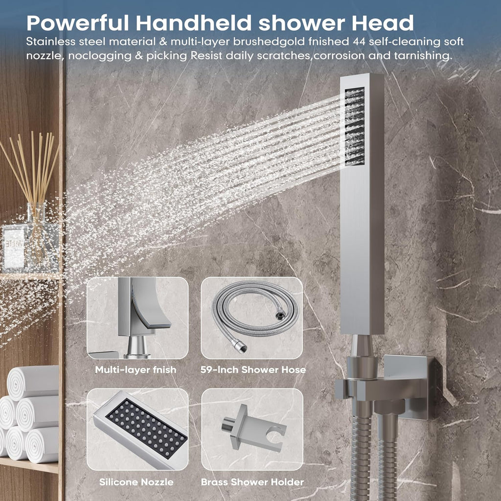 Brushed Nickel Shower System, Shower Faucet Set with 12-Inch Rain Shower Head and Handheld, Wall Mounted High-Pressure Shower Head Combo Set with Shower Valve and Shower Trim, Brushed Nickel