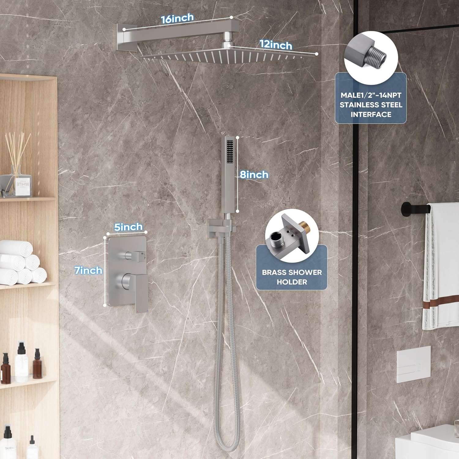 Brushed Nickel Shower System, Shower Faucet Set with 12-Inch Rain Shower Head and Handheld, Wall Mounted High-Pressure Shower Head Combo Set with Shower Valve and Shower Trim, Brushed Nickel