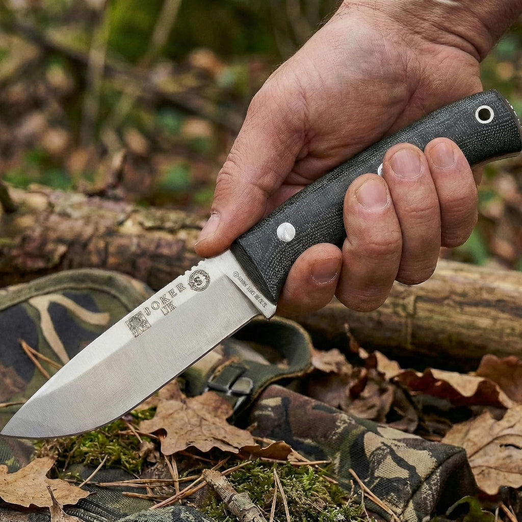 Joker Lynx CM111-K Bushcraft Knife, 4.13 in Bohler N695 Fixed Blade, Canvas Micarta Handle with Red Spacer, Kydex Sheath, Camp Craft Knife for Camping, Hiking, Hunting and Survival
