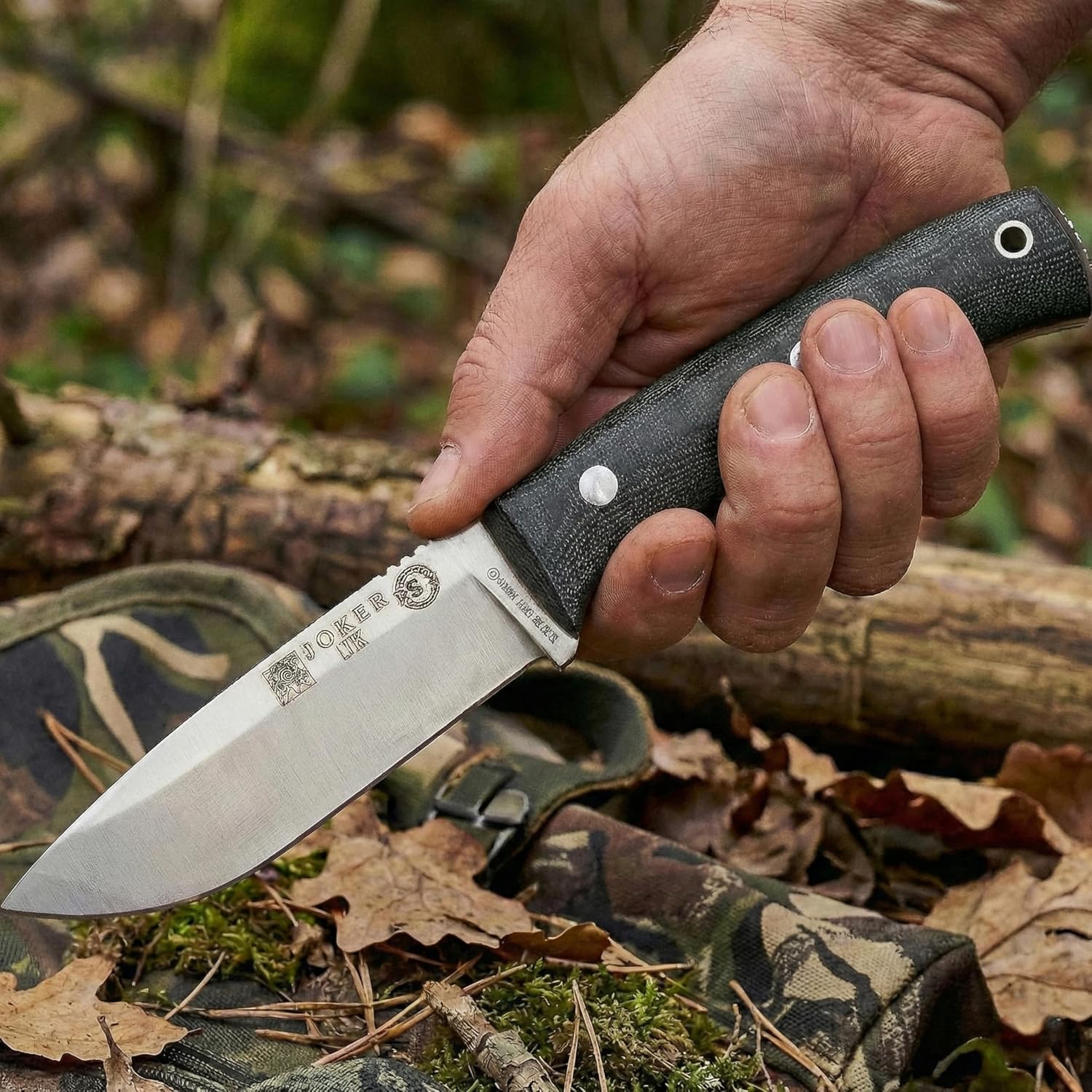 Joker Lynx CM111-K Bushcraft Knife, 4.13 in Bohler N695 Fixed Blade, Canvas Micarta Handle with Red Spacer, Kydex Sheath, Camp Craft Knife for Camping, Hiking, Hunting and Survival