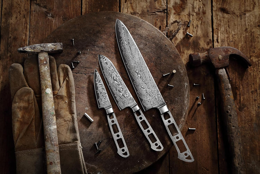 KATSURA Woodworking Project Kit – 3-Piece Chef Knife Set Blank – 8' Chef Knife+5' Inch Santoku+3.25' Inch Paring Knife – Japanese Premium AUS 10, 67 Layers Damascus Steel – Falcon Series – NO LOGO