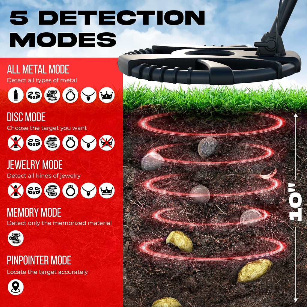 Metal Detector for Adults with Pin Pointer - Waterproof Metal Detector, Pinpointer with 5 Modes, Headphones, Bag, Dagger,Adults Professional, Beach, ip68 Coil,Gold Detector