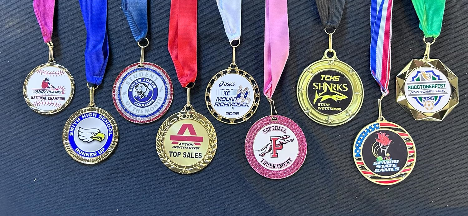 Express Medals Various Styles (Packs of 12 to 500) of Full Color Custom Logo Design Gold Silver Bronze Medals Trophy Award with Choice of Neck Ribbon Medal Trophies Gift Prize Tournament Awards