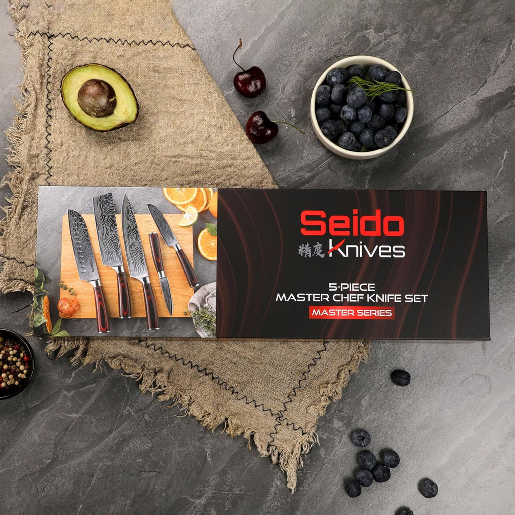 Seido Knives 5-Piece Damascus Master Chef Knife Set - Includes Gyuto, Santoku, Nakiri, Paring Knives - High-Carbon Stainless Steel Kitchen Knives