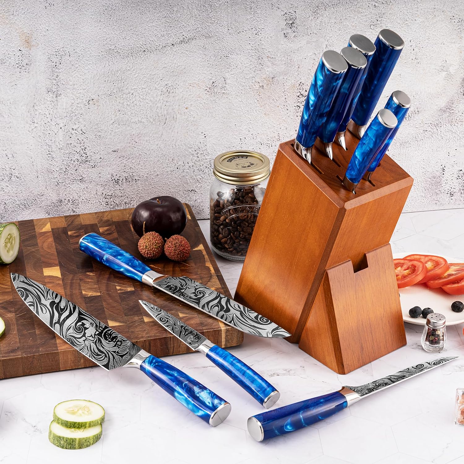 Seido Knives Tengoku Blue 10-Piece Chef Knife Set – Handmade High-Carbon Stainless Steel Blades, Resin Epoxy Handles, Ergonomic Balanced Professional Kitchen Knives