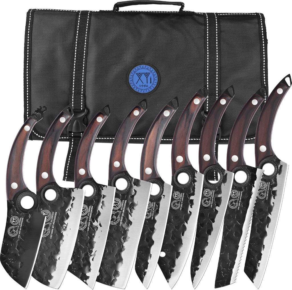 XYJ Professional Kitchen Knife Set with High-Carbon Steel Forged Blades, Chef's Knife, Cleaver, Carving Knife, Nakiri, Full Tang Design, Includes Carrying Bag & Poultry Scissors