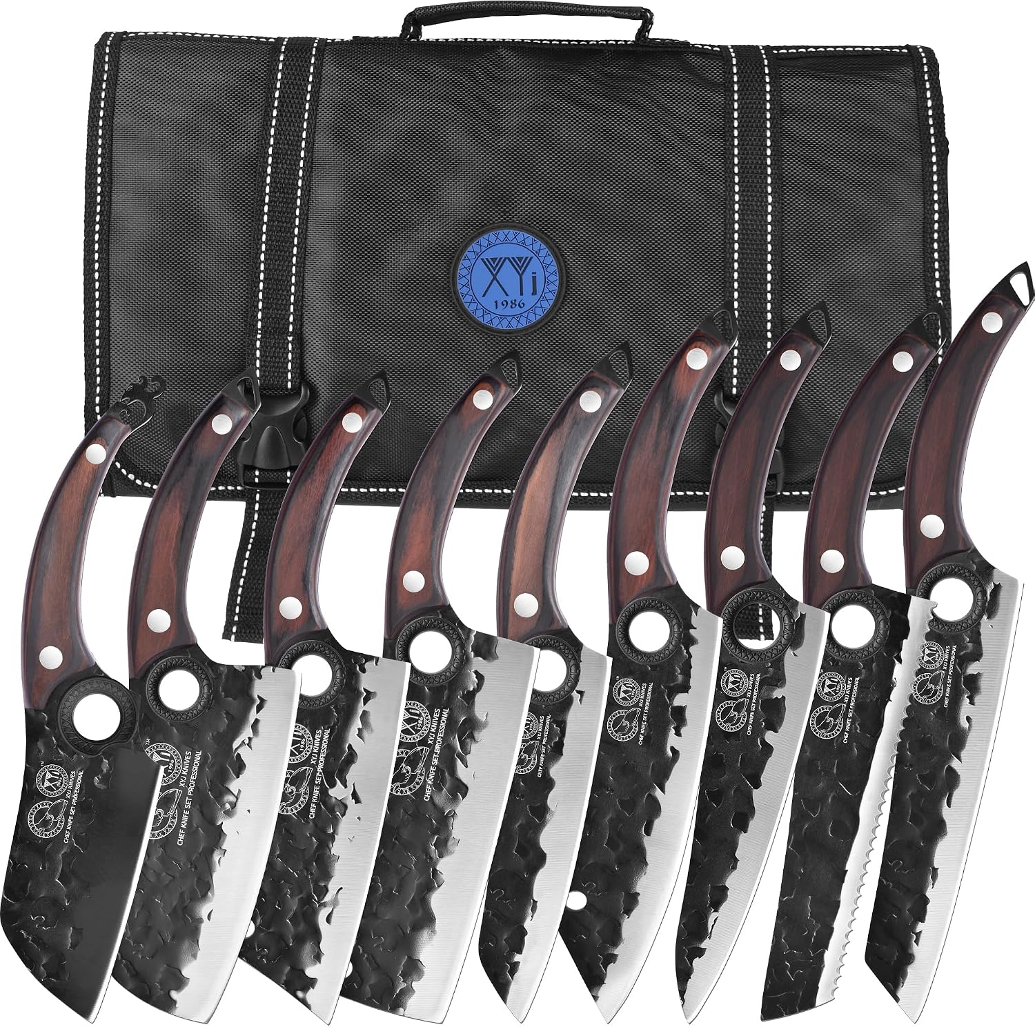 XYJ Professional Kitchen Knife Set with High-Carbon Steel Forged Blades, Chef's Knife, Cleaver, Carving Knife, Nakiri, Full Tang Design, Includes Carrying Bag & Poultry Scissors