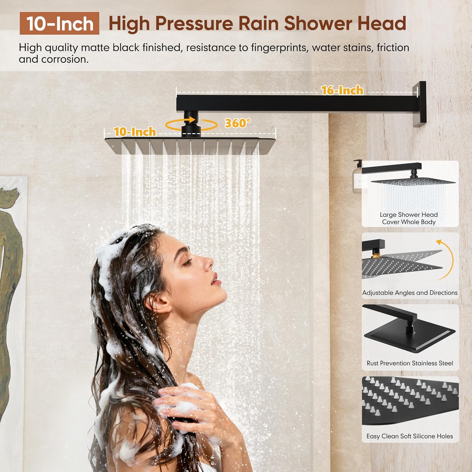 Kurpot Shower System with Tub Spout, All Metal Matte Black Shower Faucet Set with Valve, 10'' Rain Shower Head with Handheld Spray, 59'' Shower Hose and Diverter, Wall Mounted Bath Tub Faucet Set