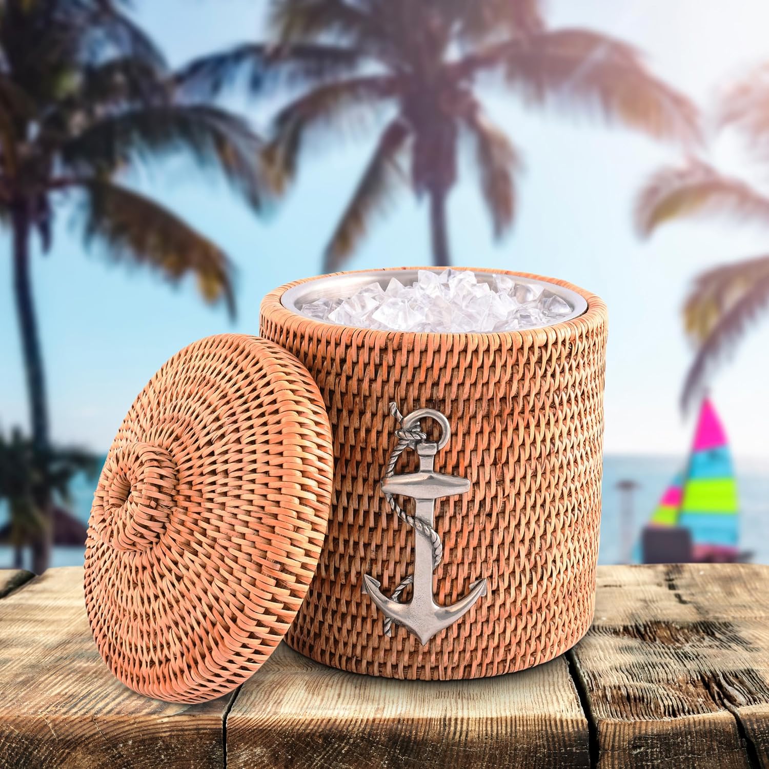Vagabond House Inspiring Beach Essentials - Luxury Double-Walled Wicker Rattan Ice Bucket with Pewter Metal Anchor, Durable Outdoor Cooler Side Table for Beach House Coastal Boating Lidded ice cooler
