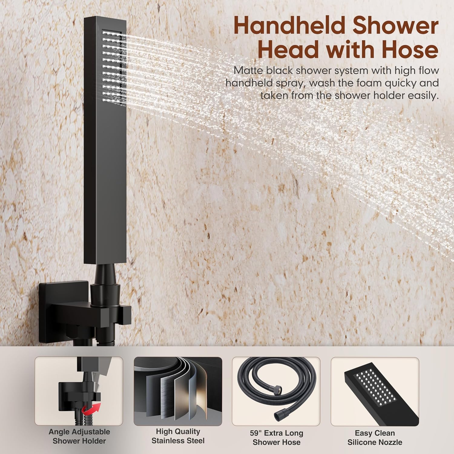 Kurpot Shower System with Tub Spout, All Metal Matte Black Shower Faucet Set with Valve, 10'' Rain Shower Head with Handheld Spray, 59'' Shower Hose and Diverter, Wall Mounted Bath Tub Faucet Set