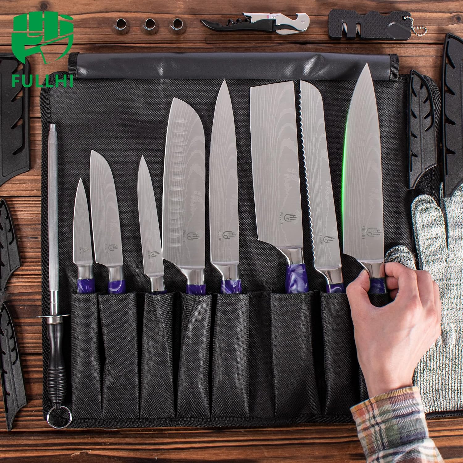 FULLHI Knife Set with Magnetic Knife Block Holder,15pcs Japanese Knives Set, German Stainless Steel chef Knife Set