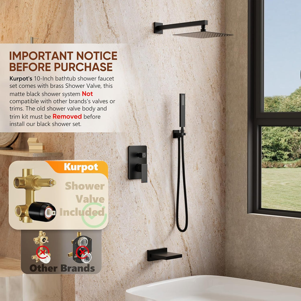 Kurpot Shower System with Tub Spout, All Metal Matte Black Shower Faucet Set with Valve, 10'' Rain Shower Head with Handheld Spray, 59'' Shower Hose and Diverter, Wall Mounted Bath Tub Faucet Set