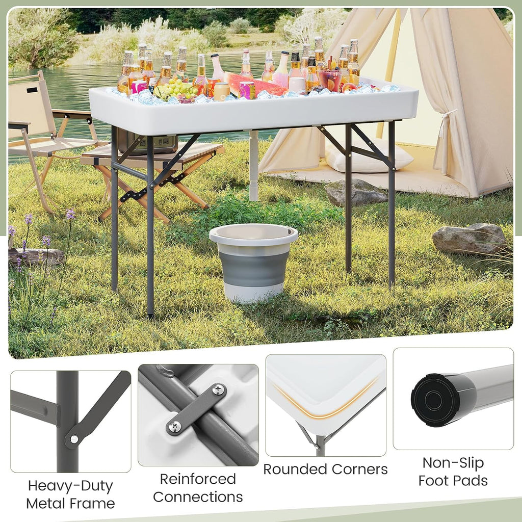 KOTEK Folding Ice Cooler Table, 4 FT Portable Ice Table with Drain, Matching Skirt & Foldable Bucket, Buffet Beverage Server for Party, Picnic, Camping