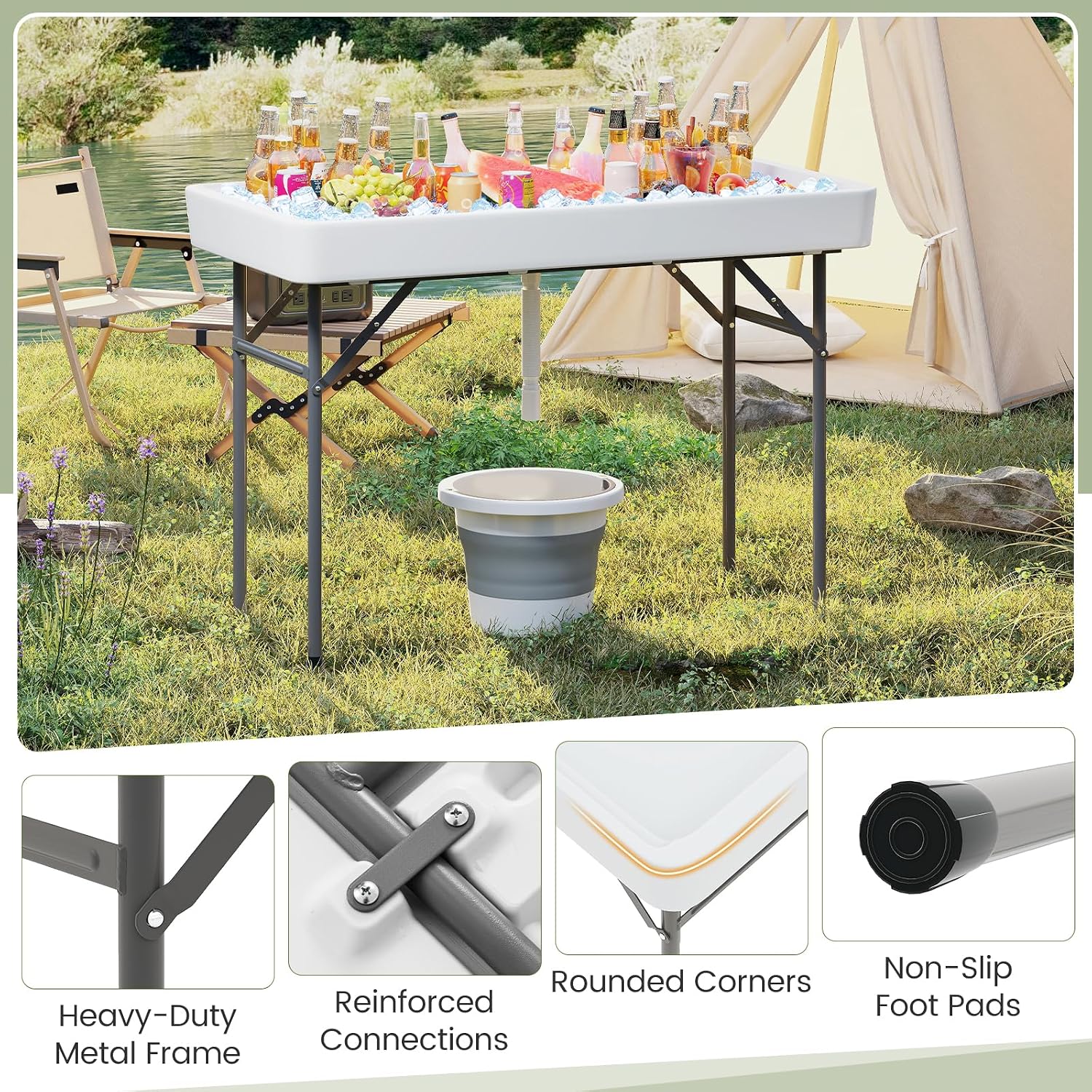 KOTEK Folding Ice Cooler Table, 4 FT Portable Ice Table with Drain, Matching Skirt & Foldable Bucket, Buffet Beverage Server for Party, Picnic, Camping