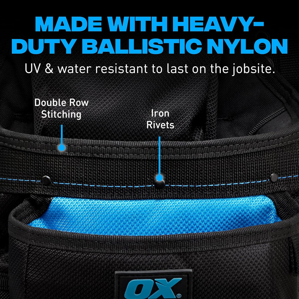 OX Pro Nylon Tool Belt with Padded Back Support - Heavy Duty Framer | 1680D ballistic nylon with PVC coating - organized pouches for framers, electricians and contractors