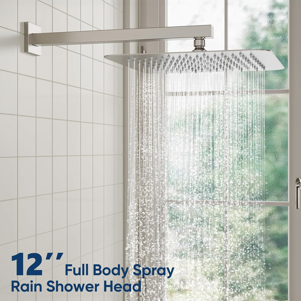 ESNBIA Shower System, 12 Inches Pressure Balance Shower Faucet Set, Rain Shower Heads with Handheld Spray Combo, High Pressure Rainfall Shower Head System, Wall Mounted Shower Fixtures, Brushed Nickel