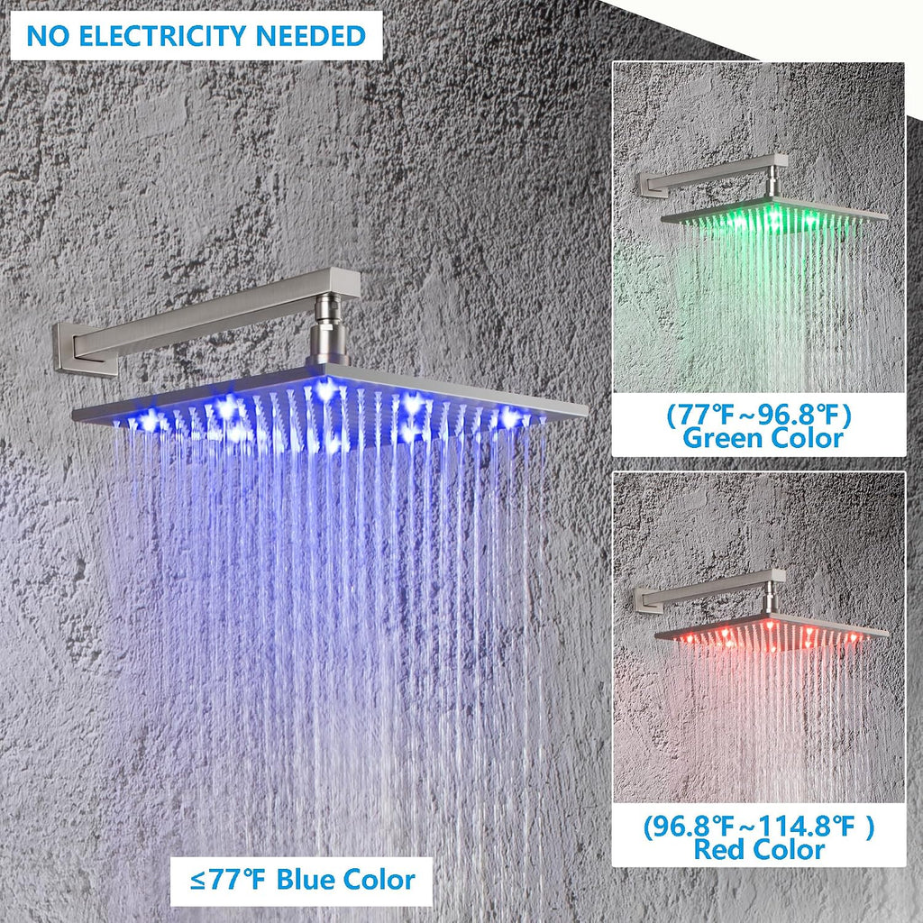 SKOWLL Shower System with 6 Body Jets, Wall Mounted 12 Inch LED Shower Head with Handheld, 3 Color Changing Shower Head High Pressure Shower Faucets Sets Complete, Brushed Nickel