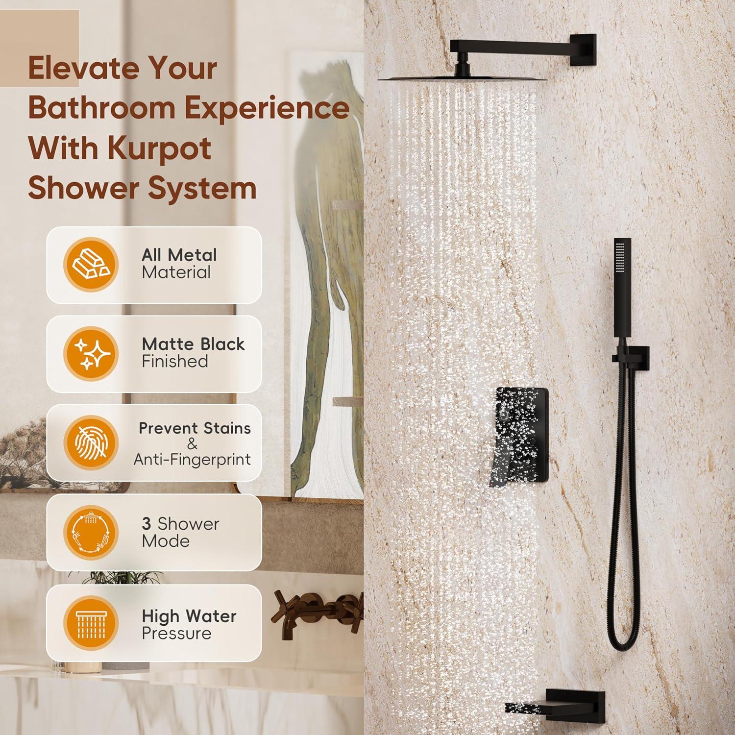 Kurpot Shower System with Tub Spout, All Metal Matte Black Shower Faucet Set with Valve, 10'' Rain Shower Head with Handheld Spray, 59'' Shower Hose and Diverter, Wall Mounted Bath Tub Faucet Set