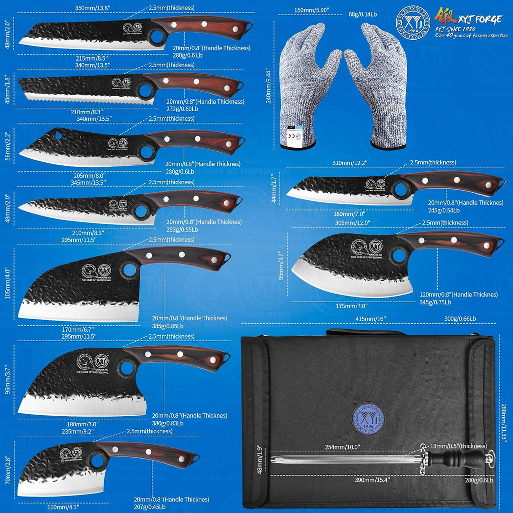 XYJ Professional Serbian Chef Knife Set with Roll Bag, Japanese Culinary Knives, Meat Cleaver, Kitchen Chopping Knife, and Protective Sleeves, Perfect for Home Cooking or Outdoor Camping (13)