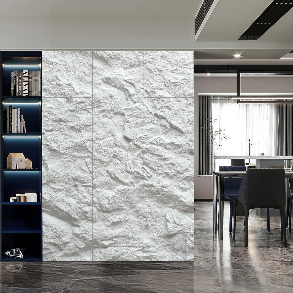 KASARO 3D Faux Stone Wall Panels, 4 PCS PU Wainscoting Panel - Cement Texture Thicker Design for Interior Wall Decor, Home & Office Accent Wall, Easy Install, 43.3' x 23.6' (White)