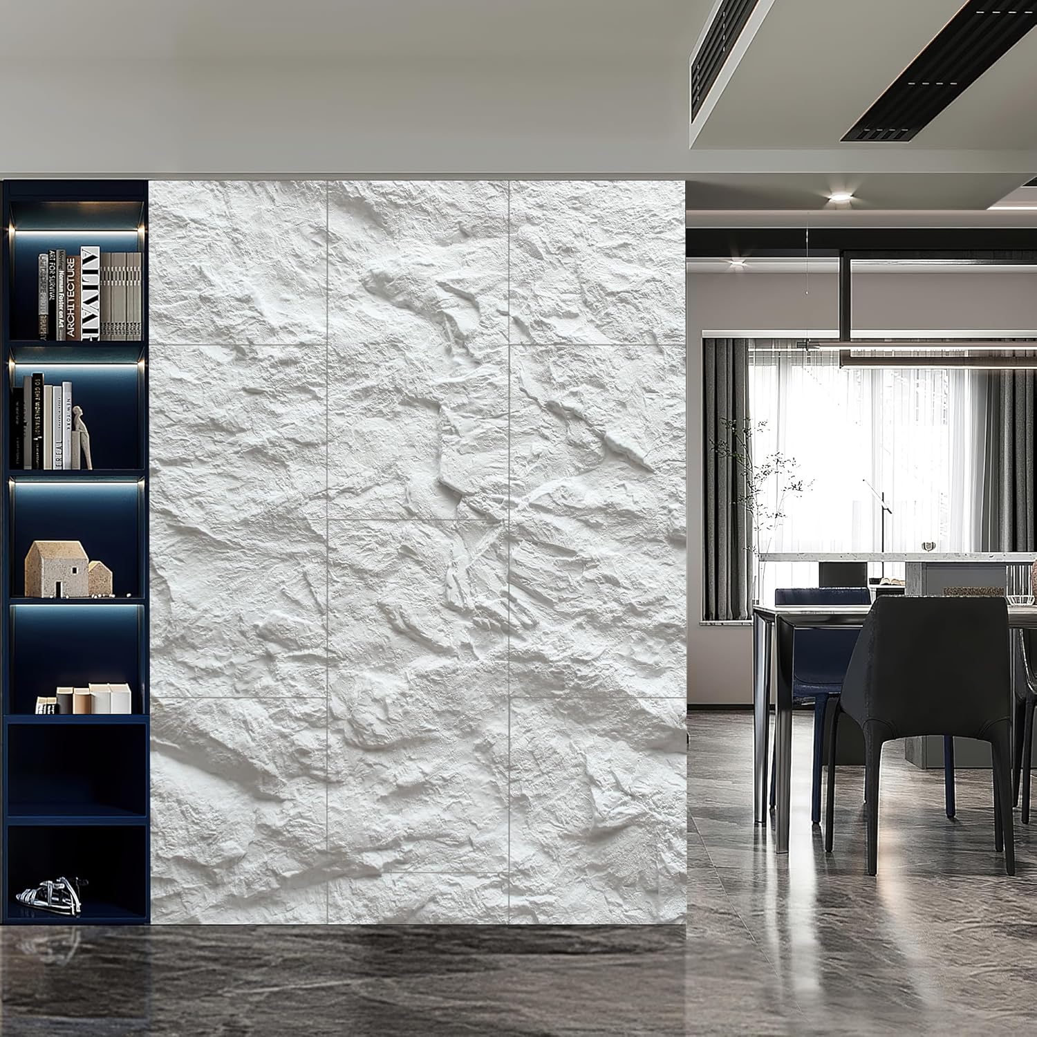 KASARO 3D Faux Stone Wall Panels, 4 PCS PU Wainscoting Panel - Cement Texture Thicker Design for Interior Wall Decor, Home & Office Accent Wall, Easy Install, 43.3' x 23.6' (White)