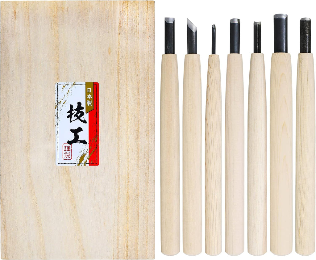 KAKURI Japanese Wood Carving Knife Set (7 Pcs) Made in Japan, Professional Wood Carving Tools for Linoleum Carving, Linocut, Printmaking, AOGAMI Blue Paper Steel #2 Blade