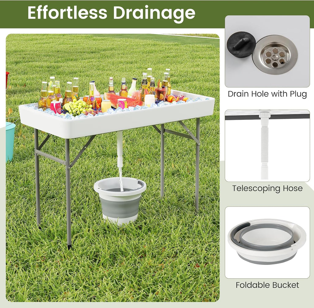 KOTEK Folding Ice Cooler Table, 4 FT Portable Ice Table with Drain, Matching Skirt & Foldable Bucket, Buffet Beverage Server for Party, Picnic, Camping