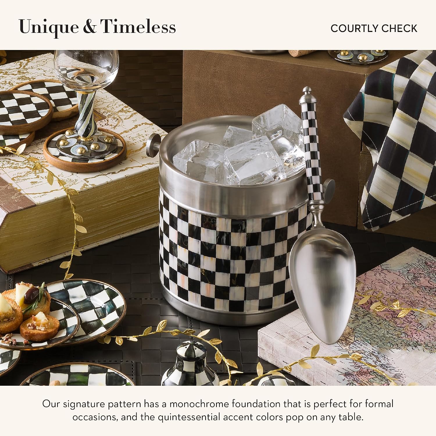 MACKENZIE-CHILDS 3260 Ice Bucket, Decorative Stainless-Steel Bucket and Ice-Cube Bin, Black-and-White Courtly Check