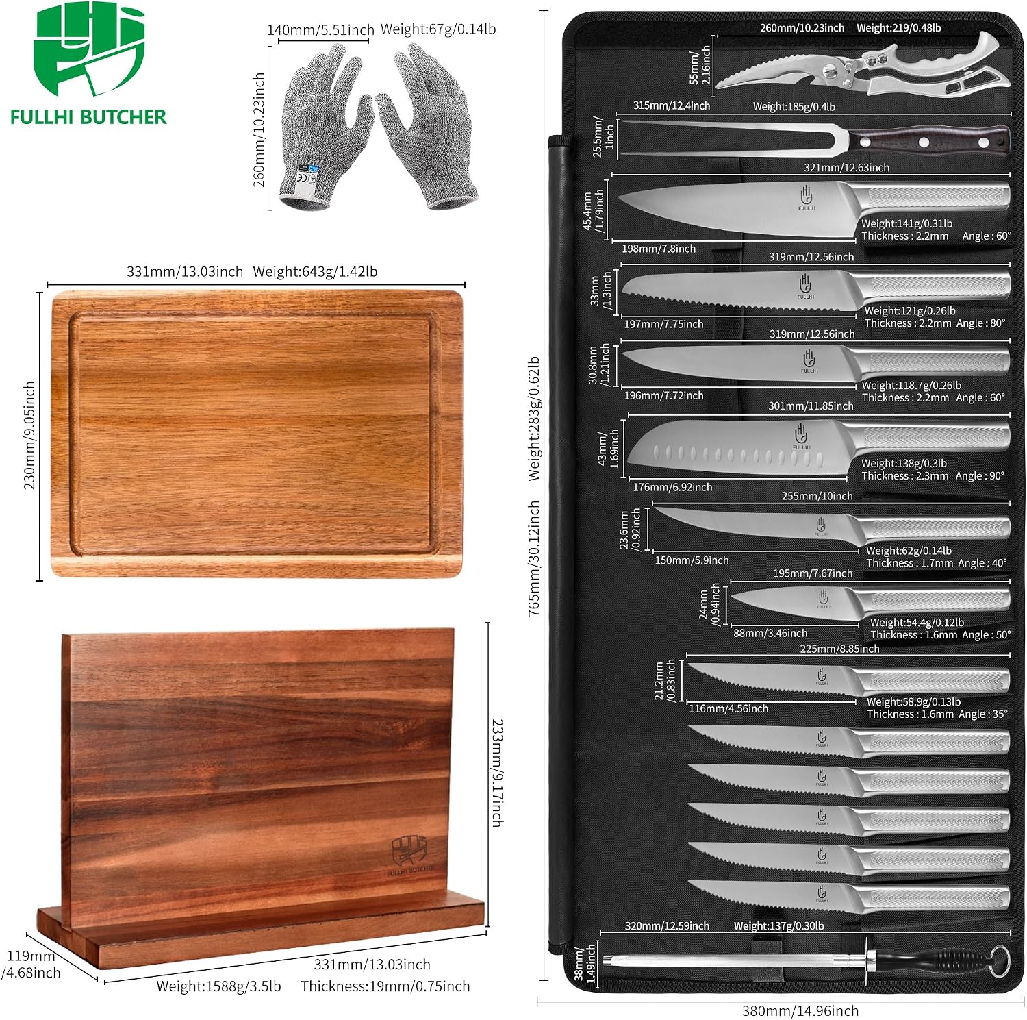FULLHI 19pcs Japanese Knife Set with Magnetic Knife Block Holder, Cutting Board, Meat fork, Kitchen Shears, Roll Bag, Sharpener Rod Premium Stainless Steel Kitchen Steak Knife Set Dishwasher Safe