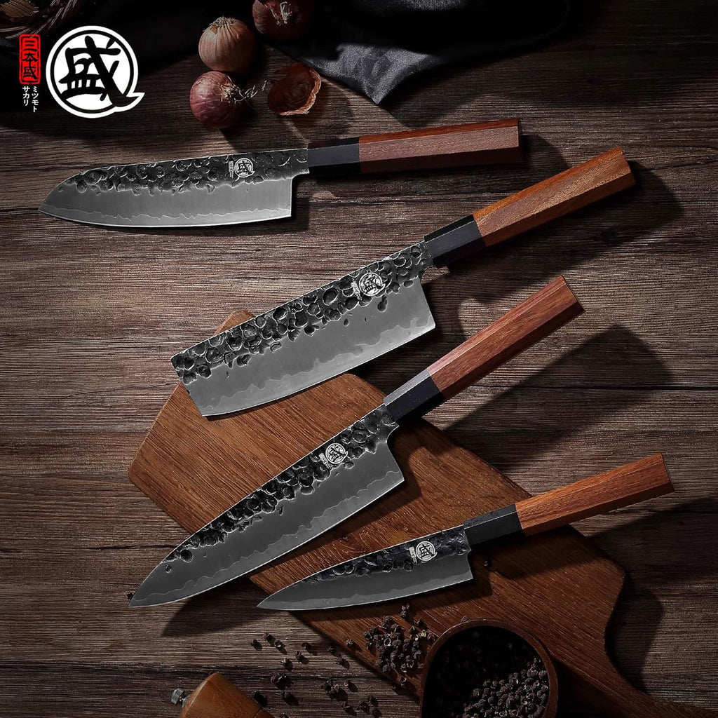 MITSUMOTO SAKARI 4-Piece Japanese Chef Knife Set, 9Cr18MoV Steel | Gyuto, Santoku, Nakiri and paring knives, 3-layer 9Cr18MoV steel, rosewood handles, sandalwood box