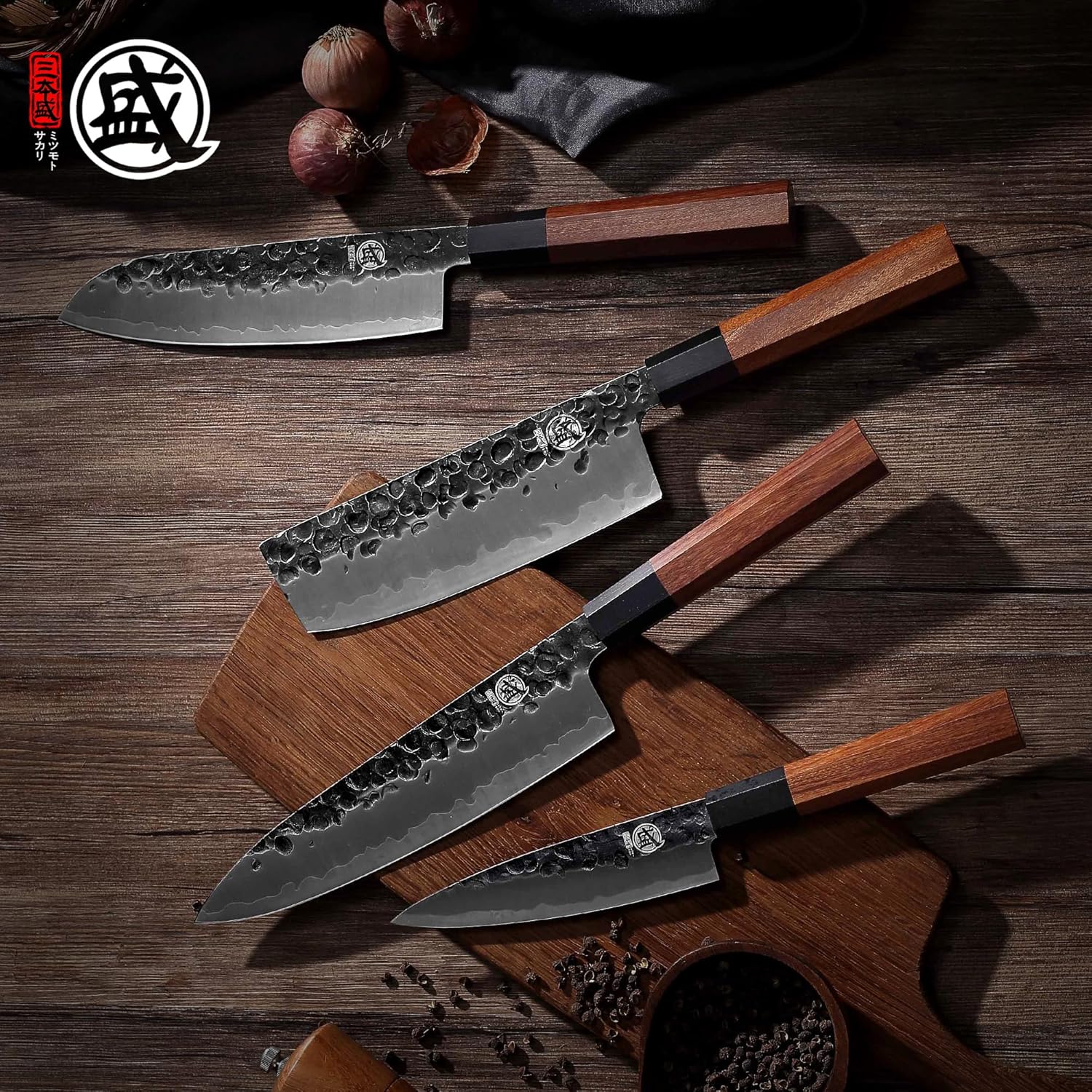 MITSUMOTO SAKARI 4-Piece Japanese Chef Knife Set, 9Cr18MoV Steel | Gyuto, Santoku, Nakiri and paring knives, 3-layer 9Cr18MoV steel, rosewood handles, sandalwood box