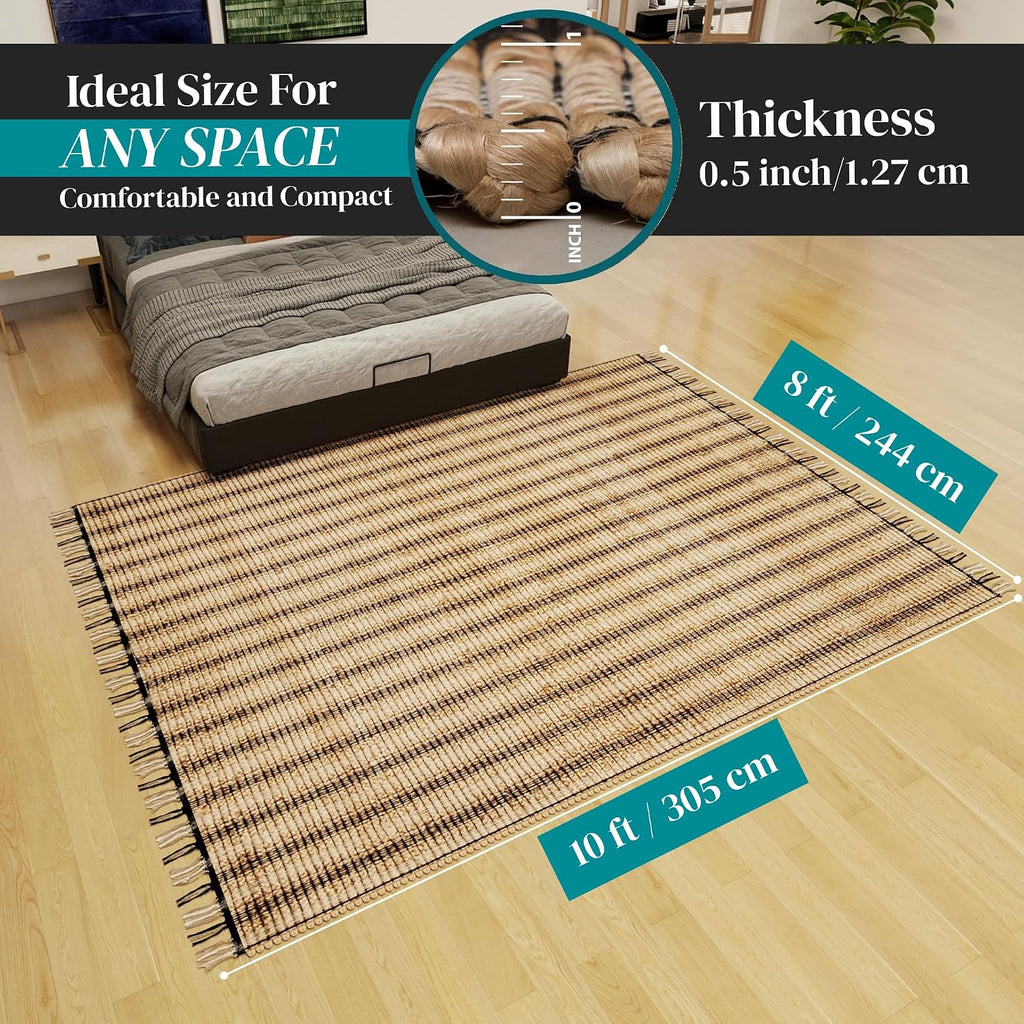 Eco Crave Jute Area Rug 8x10 ft – Soft Handwoven Striped Natural Fiber Rug, Eco-Friendly Braided Indoor Floor Mat, Non-Slip Large Area Rug for Living Room, Bedroom, Dining Room, Hallway