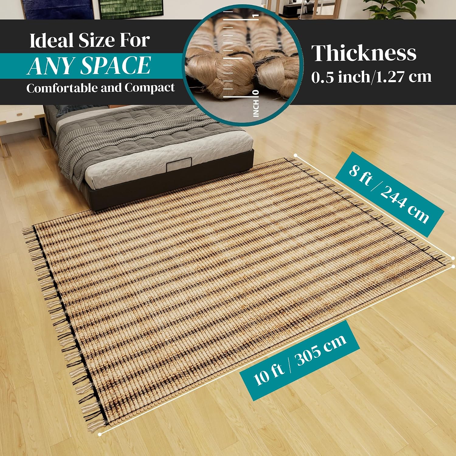 Eco Crave Jute Area Rug 8x10 ft – Soft Handwoven Striped Natural Fiber Rug, Eco-Friendly Braided Indoor Floor Mat, Non-Slip Large Area Rug for Living Room, Bedroom, Dining Room, Hallway