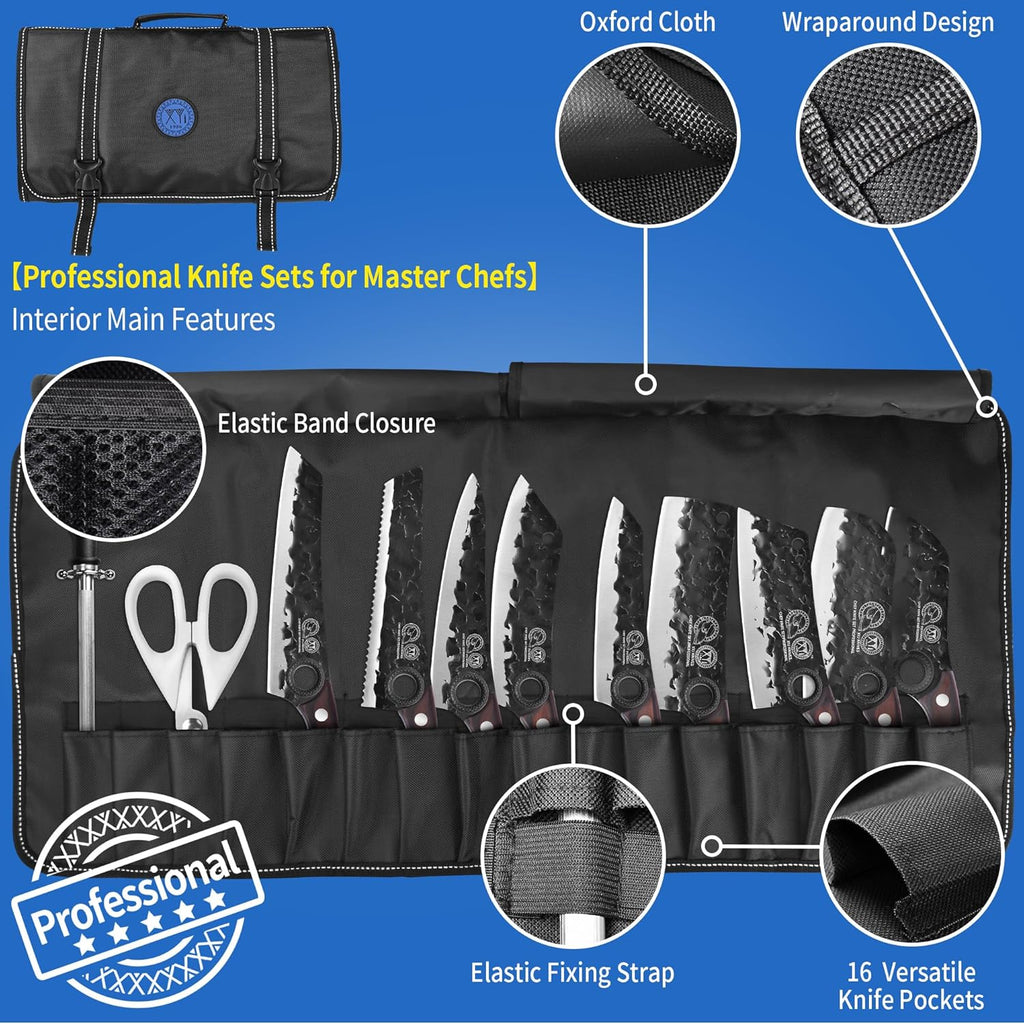 XYJ Professional Kitchen Knife Set with High-Carbon Steel Forged Blades, Chef's Knife, Cleaver, Carving Knife, Nakiri, Full Tang Design, Includes Carrying Bag & Poultry Scissors
