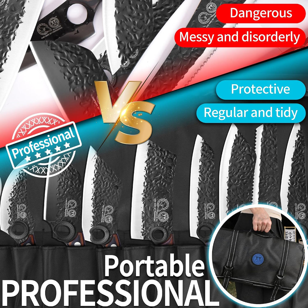 XYJ Professional Kitchen Knife Set with High-Carbon Steel Forged Blades, Chef's Knife, Cleaver, Carving Knife, Nakiri, Full Tang Design, Includes Carrying Bag & Poultry Scissors