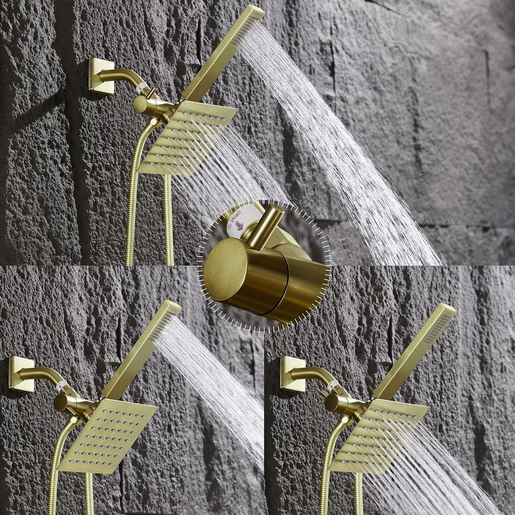 SOOOHOT Brushed Gold Shower Fixtures - Dual shower Heads with Handheld Spray Combo, All Metal 6' Dual Head & 3-Way Diverter.