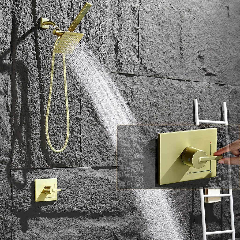 SOOOHOT Brushed Gold Shower Fixtures - Dual shower Heads with Handheld Spray Combo, All Metal 6' Dual Head & 3-Way Diverter.