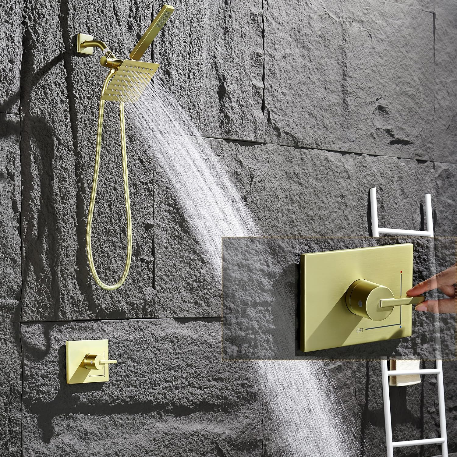 SOOOHOT Brushed Gold Shower Fixtures - Dual shower Heads with Handheld Spray Combo, All Metal 6' Dual Head & 3-Way Diverter.