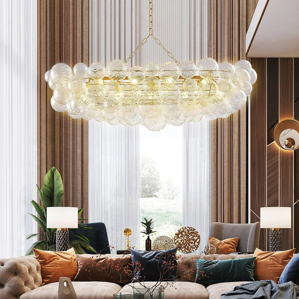 Luxury Bubble Glass Chandeliers Clear Ribbed Swirled Blown Glass Ball 50' L Rectangular Island Light Fixture Hanging Pendant Light Fixtures for Living Room Restaurant Dining Table